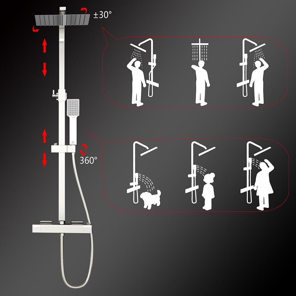 Colonne doccia cromo, soffione doccia quadrato 25x25cm acciaio inox, miscelatore termostatico doccia rettangolo antiscottature