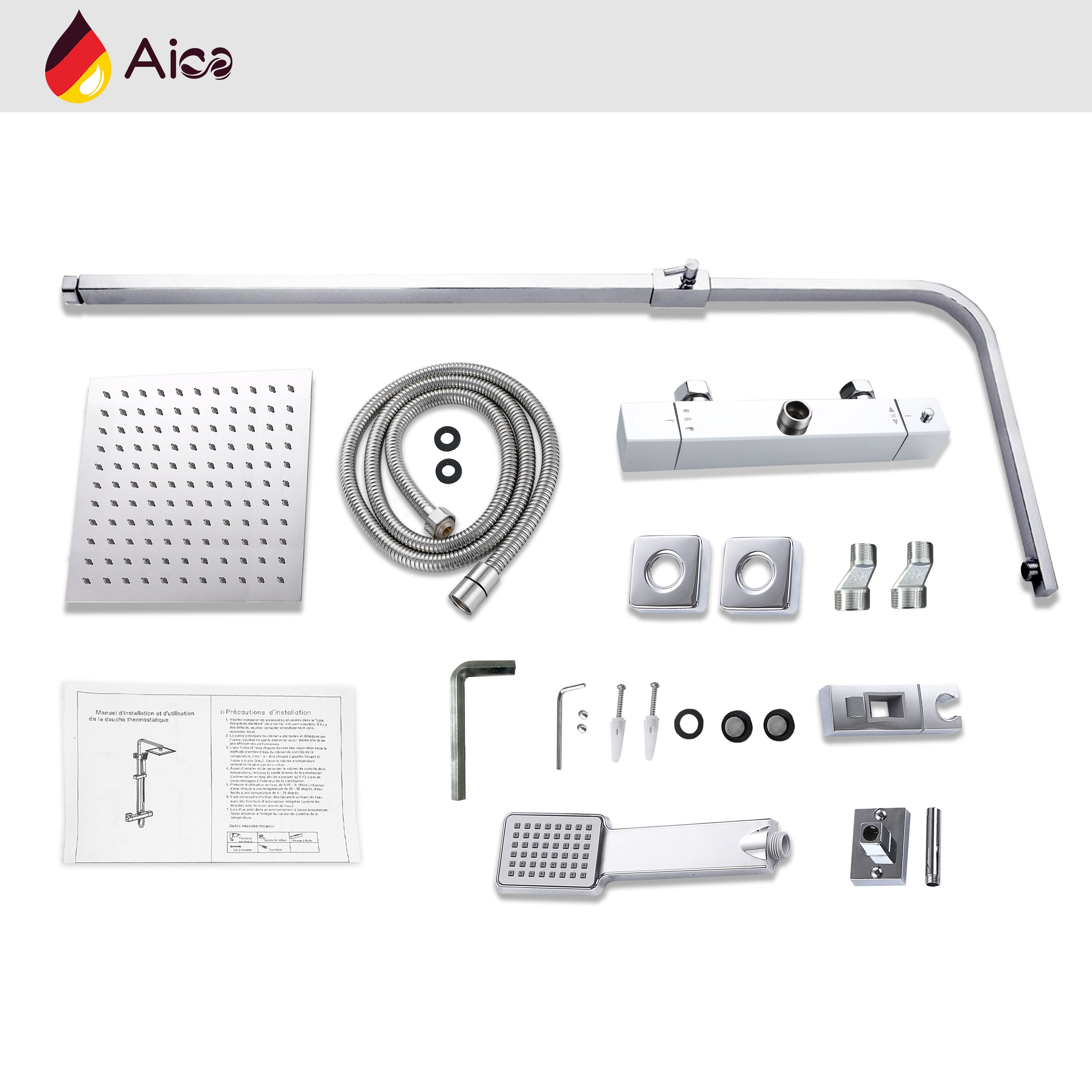Grande soffione doccia inox 25x25cm, miscelatore termostatico doccia rettangolo 280x40mm, cromo