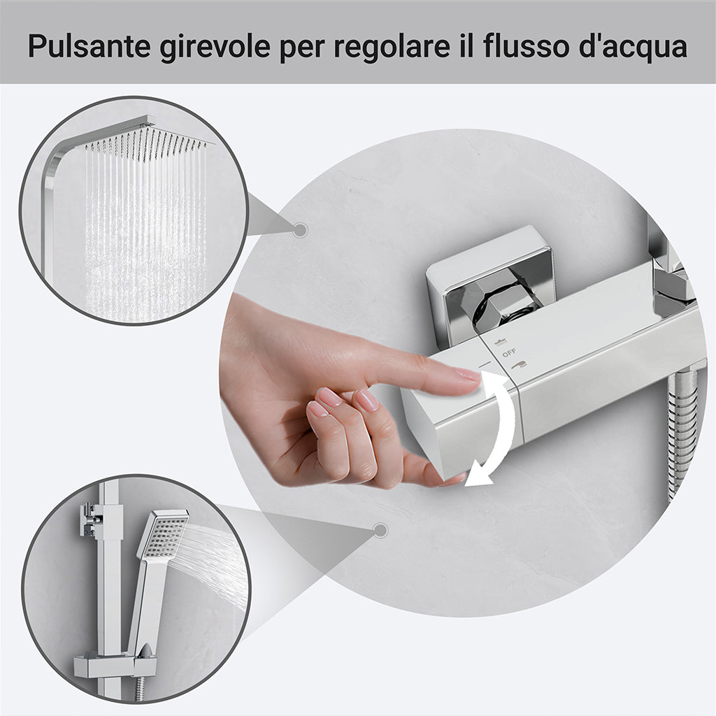 Kit doccia con miscelatore termostatico, soffione quadrato 25x25cm, doccetta quadrata 22x6.4cm, colonna doccia regolabile 73-115cm, cromo