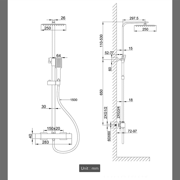 Kit doccia con miscelatore termostatico, soffione quadrato 25x25cm, doccetta quadrata 22x6.4cm, colonna doccia regolabile 73-115cm, cromo