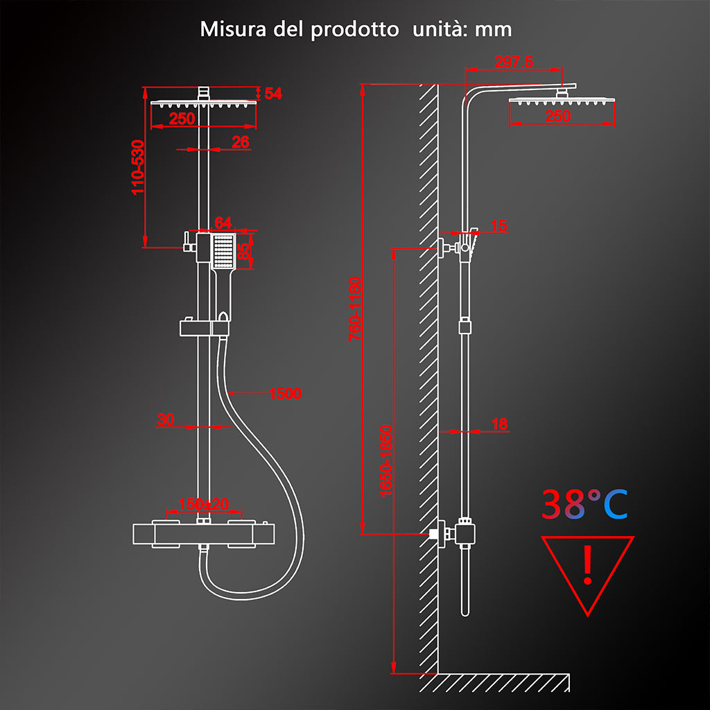 Colonne doccia cromo, soffione doccia quadrato 25x25cm acciaio inox, miscelatore termostatico doccia rettangolo antiscottature