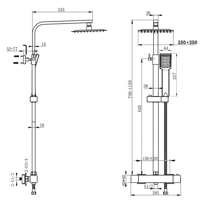 AICA Colonna doccia con miscelatore termostatico, rubinetto doccia rettangolare 28x4cm, soffione doccia quadrato 25x25cm in acciaio inox cromato