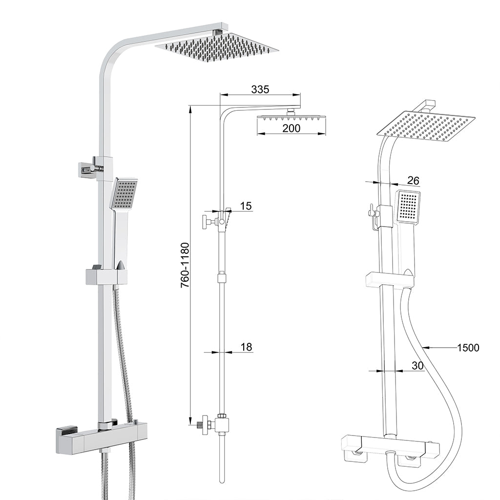 Colonna doccia con miscelatore termostatico, saliscendi doccia quadrato regolabile 73-115cm, cromo