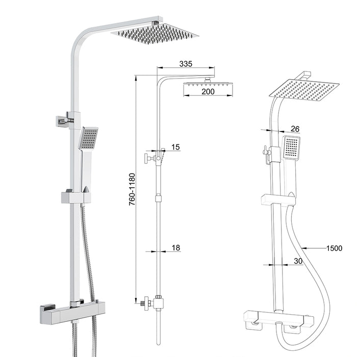 Colonna doccia con miscelatore termostatico, saliscendi doccia quadrato regolabile 73-115cm, cromo