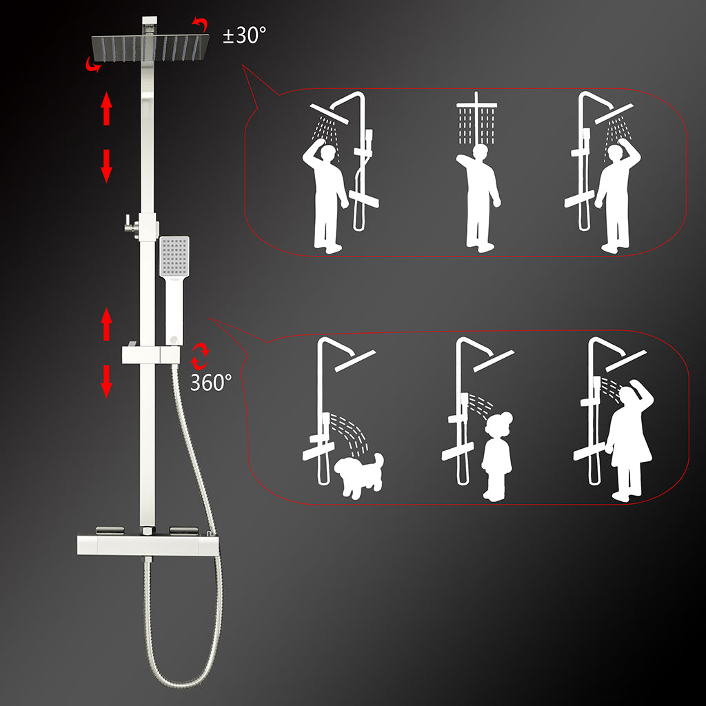 Colonne doccia cromo, soffione doccia quadrato 20x20cm acciaio inox, miscelatore termostatico doccia rettangolo antiscottature
