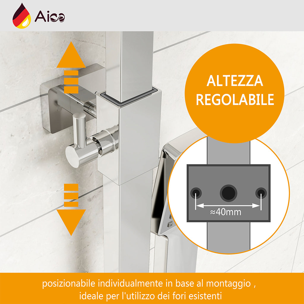 Colonna doccia con miscelatore termostatico, saliscendi doccia quadrato regolabile 73-115cm, cromo