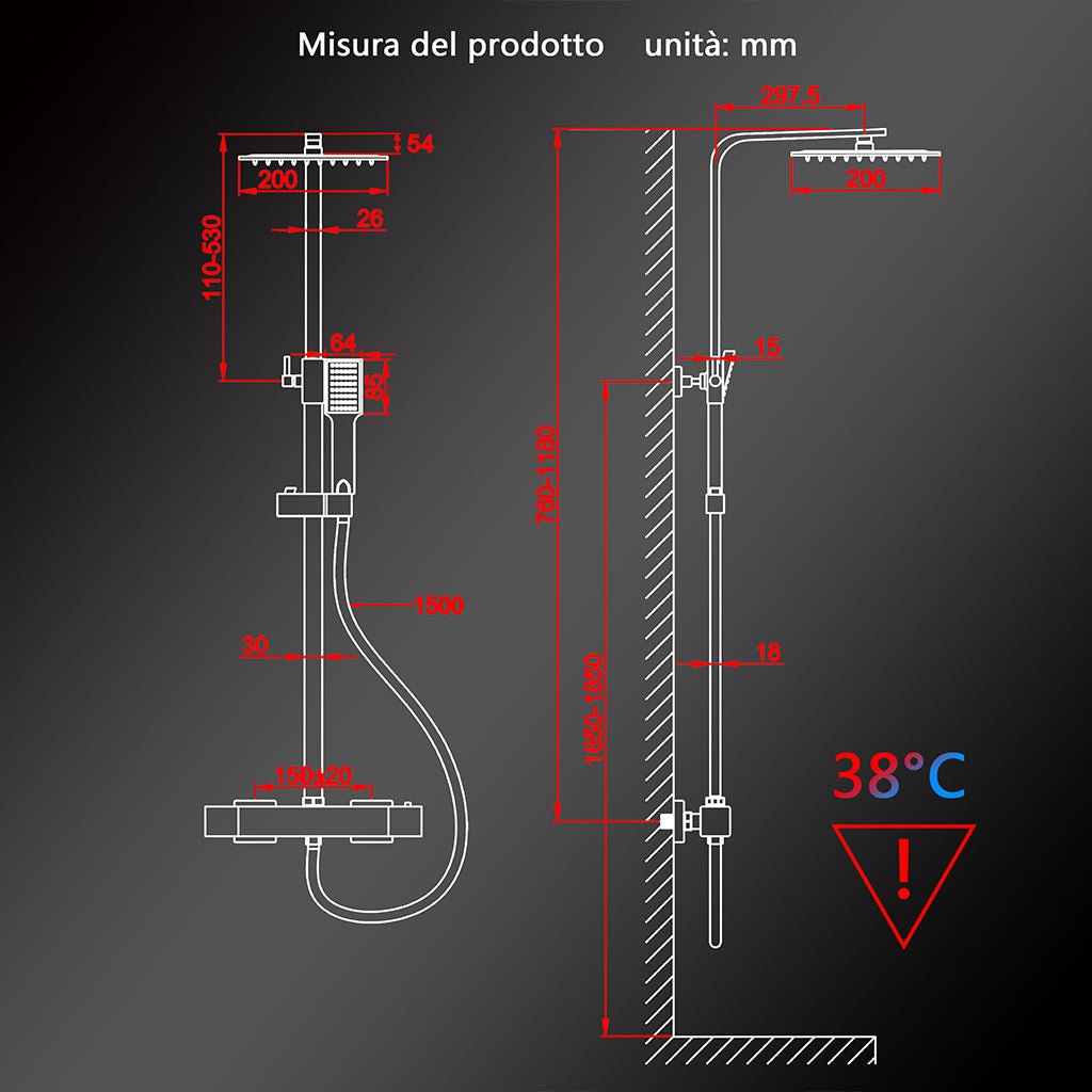 Colonne doccia cromo, soffione doccia quadrato 20x20cm acciaio inox, miscelatore termostatico doccia rettangolo antiscottature