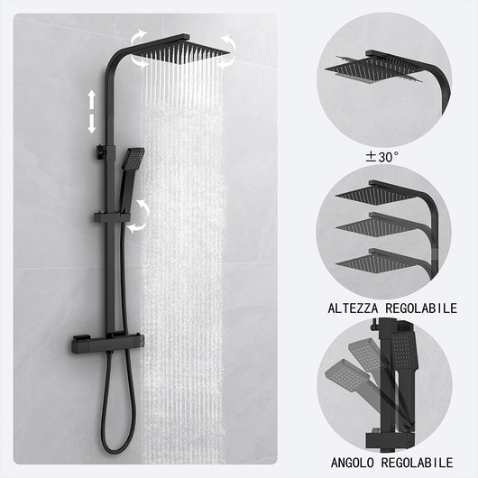 Kit doccia con miscelatore termostatico, soffione quadrato 20x20cm, doccetta quadrata 22x6.4cm, colonna doccia regolabile 73-115cm, nero
