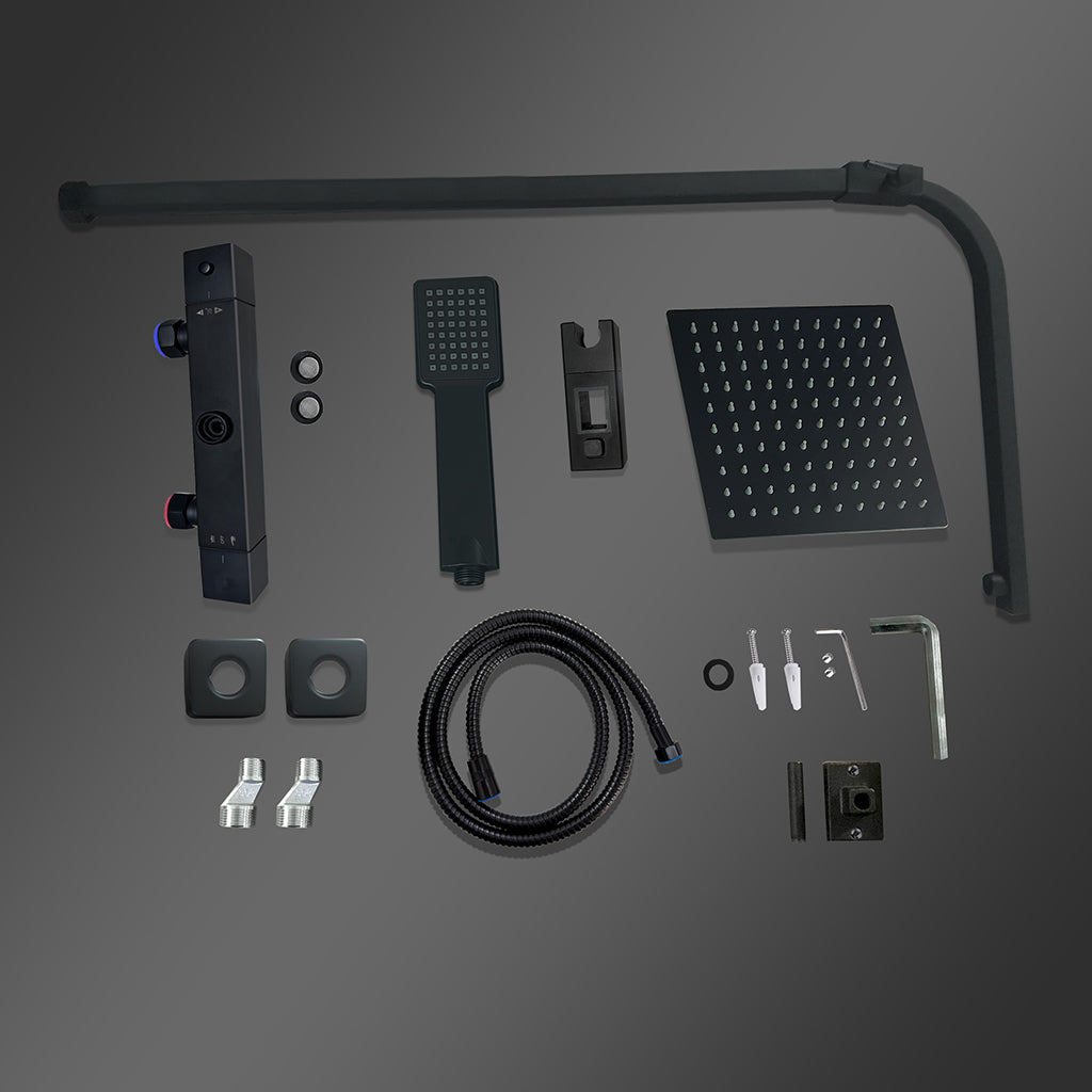 Colonne doccia nero, soffione doccia quadrato 20x20cm acciaio inox, miscelatore termostatico doccia rettangolo antiscottature