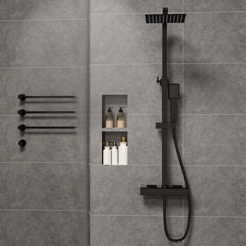 Colonne doccia nero, soffione doccia quadrato 20x20cm acciaio inox, miscelatore termostatico doccia rettangolo antiscottature