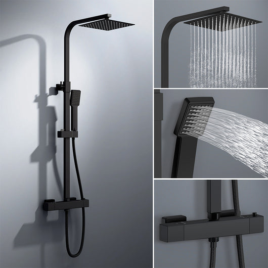 colonna doccia quadrata completo di miscelatore termostatico rettangolo, soffione quadrato 20x20cm, nero