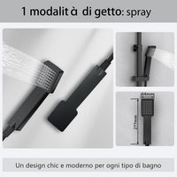 Kit doccia con miscelatore termostatico, soffione quadrato 20x20cm, doccetta quadrata 22x6.4cm, colonna doccia regolabile 75-125cm, nero