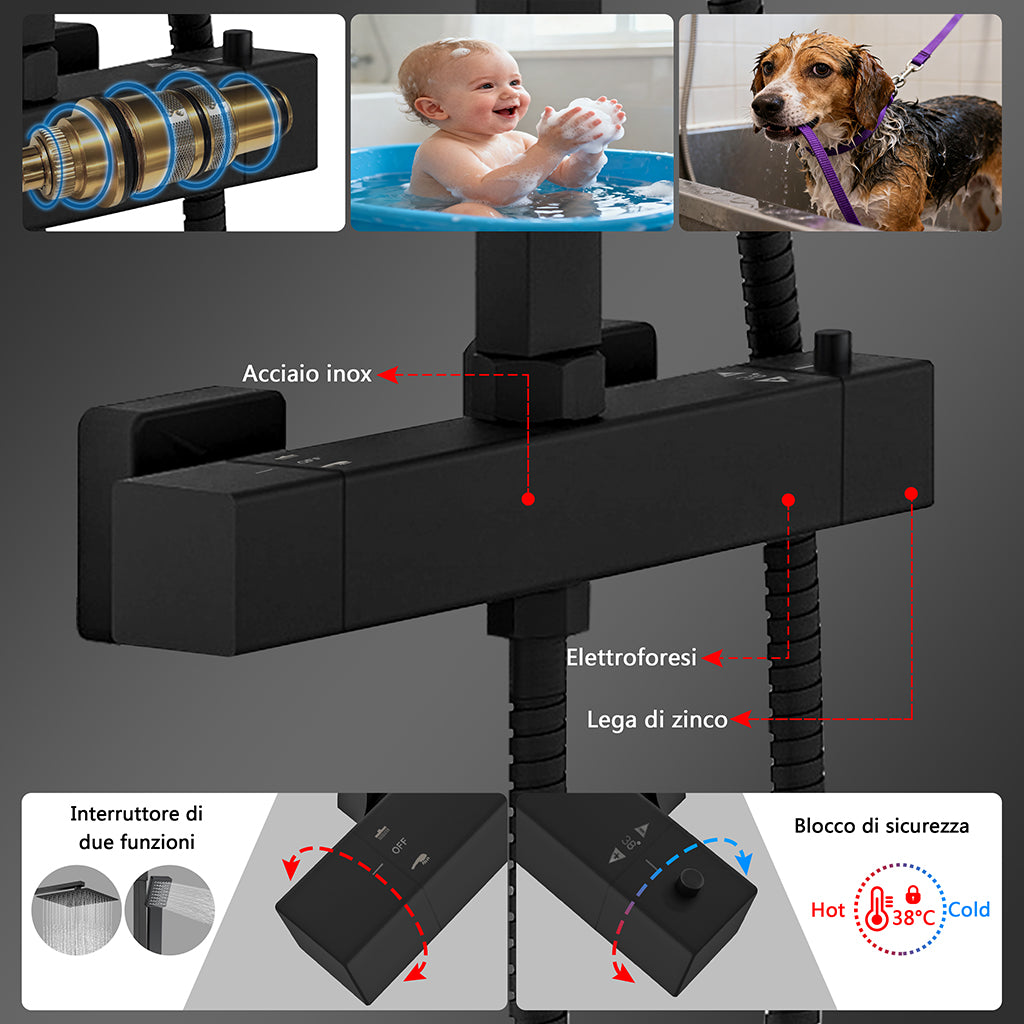 Colonne doccia nero, soffione doccia quadrato 20x20cm acciaio inox, miscelatore termostatico doccia rettangolo antiscottature