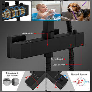 Colonne doccia nero, soffione doccia quadrato 20x20cm acciaio inox, miscelatore termostatico doccia rettangolo antiscottature