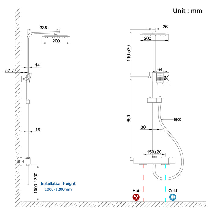 AICA Set Doccia Completo Nero con Soffione, Doccetta, Rubinetto e Saliscendi Quadrati, Miscelatore Termostatico Doccia
