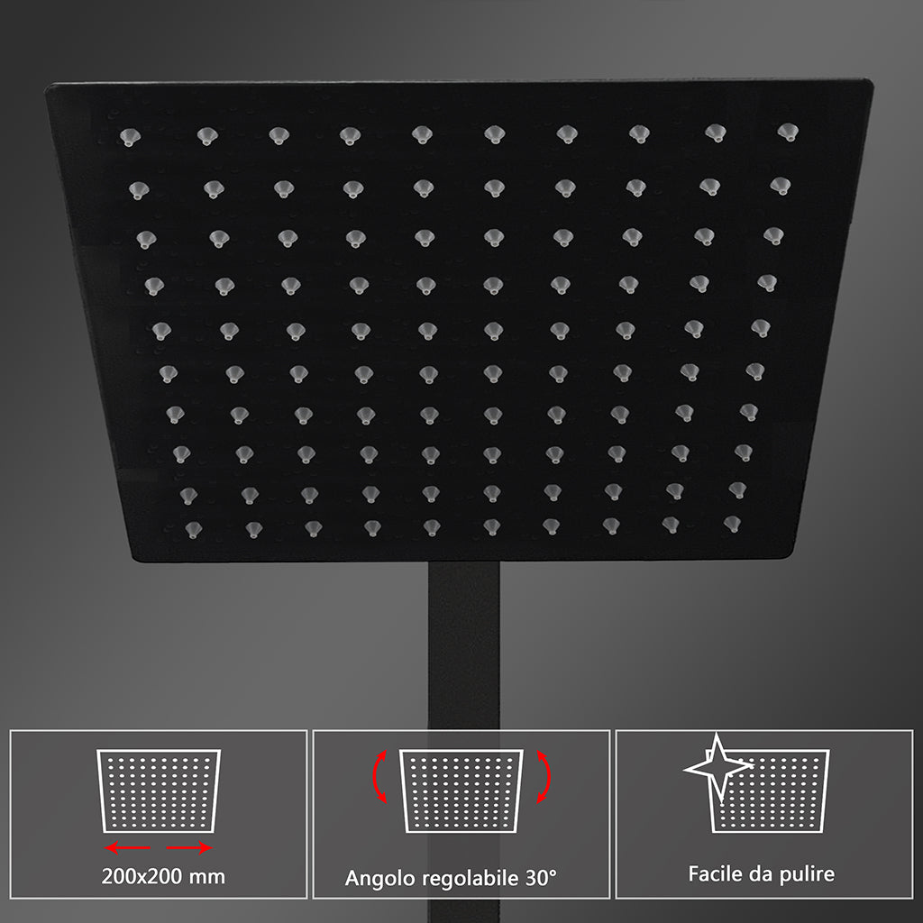 Colonne doccia nero, soffione doccia quadrato 20x20cm acciaio inox, miscelatore termostatico doccia rettangolo antiscottature