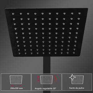 Colonne doccia nero, soffione doccia quadrato 20x20cm acciaio inox, miscelatore termostatico doccia rettangolo antiscottature