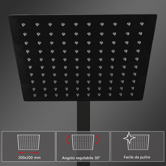 Colonne doccia nero, soffione doccia quadrato 20x20cm acciaio inox, miscelatore termostatico doccia rettangolo antiscottature