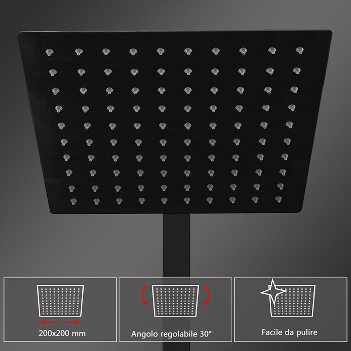 Colonne doccia nero, soffione doccia quadrato 20x20cm acciaio inox, miscelatore termostatico doccia rettangolo antiscottature