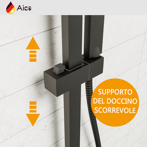 Colonna doccia con miscelatore termostatico, saliscendi doccia quadrato regolabile 73-115cm, nero