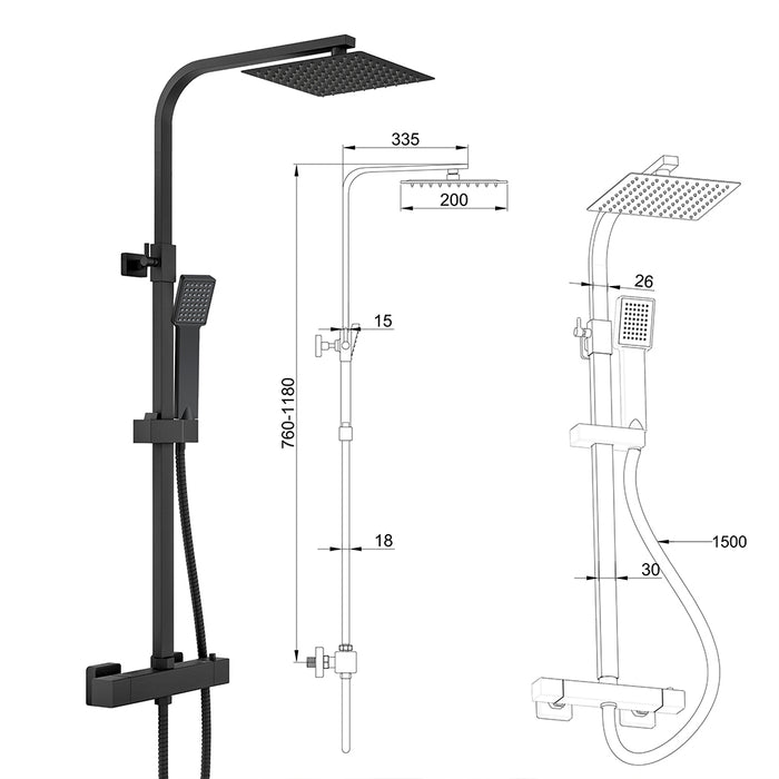Colonna doccia con miscelatore termostatico, saliscendi doccia quadrato regolabile 73-115cm, nero
