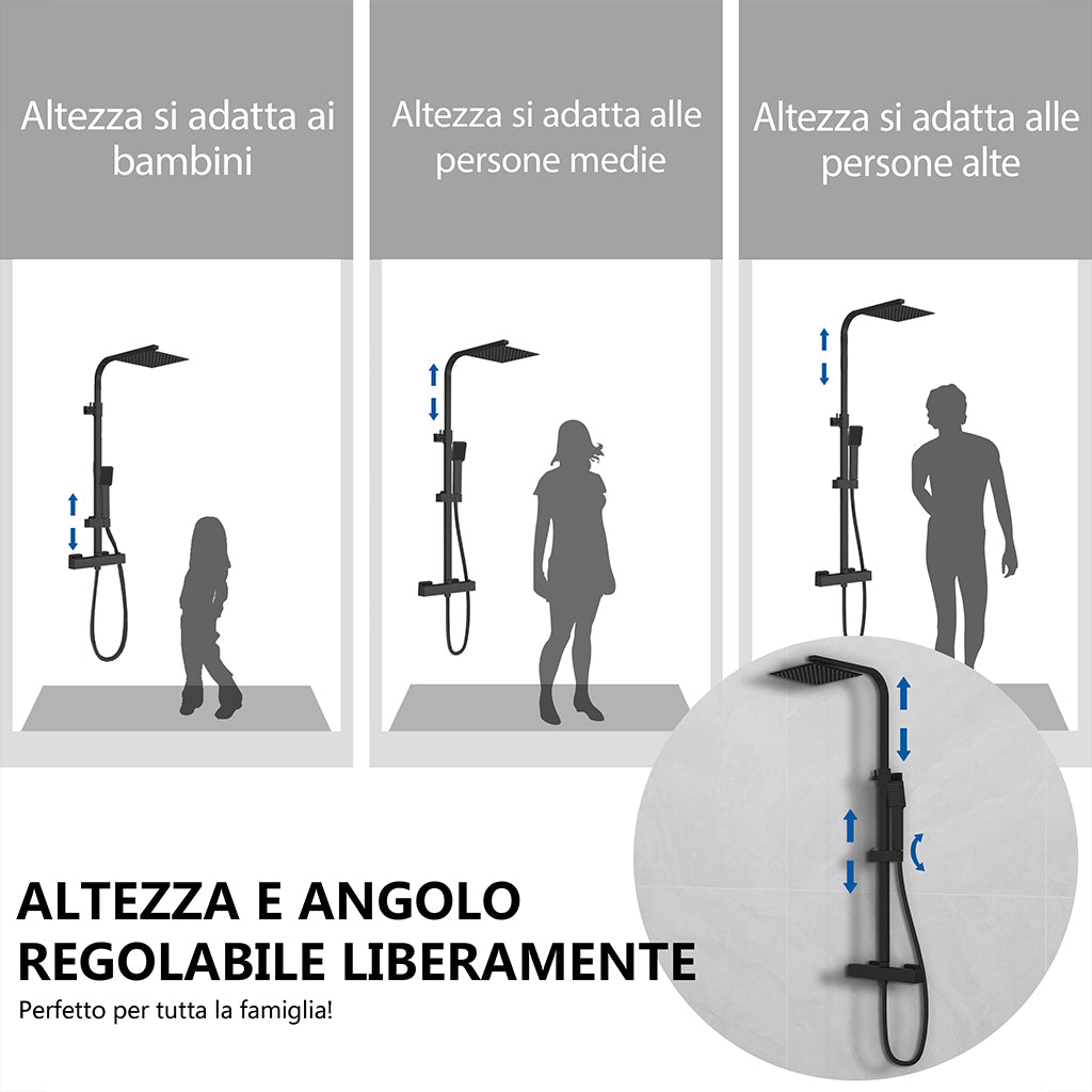 AICA Set Doccia Completo Nero con Soffione, Doccetta, Rubinetto e Saliscendi Quadrati, Miscelatore Termostatico Doccia