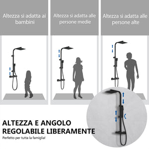 AICA Set Doccia Completo Nero con Soffione, Doccetta, Rubinetto e Saliscendi Quadrati, Miscelatore Termostatico Doccia