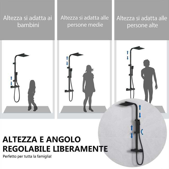 AICA Set Doccia Completo Nero con Soffione, Doccetta, Rubinetto e Saliscendi Quadrati, Miscelatore Termostatico Doccia