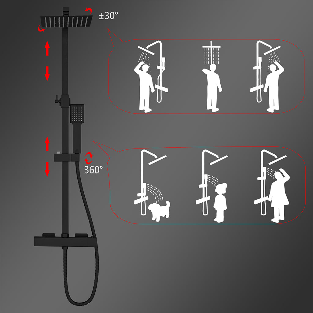 Colonne doccia nero, soffione doccia quadrato 20x20cm acciaio inox, miscelatore termostatico doccia rettangolo antiscottature
