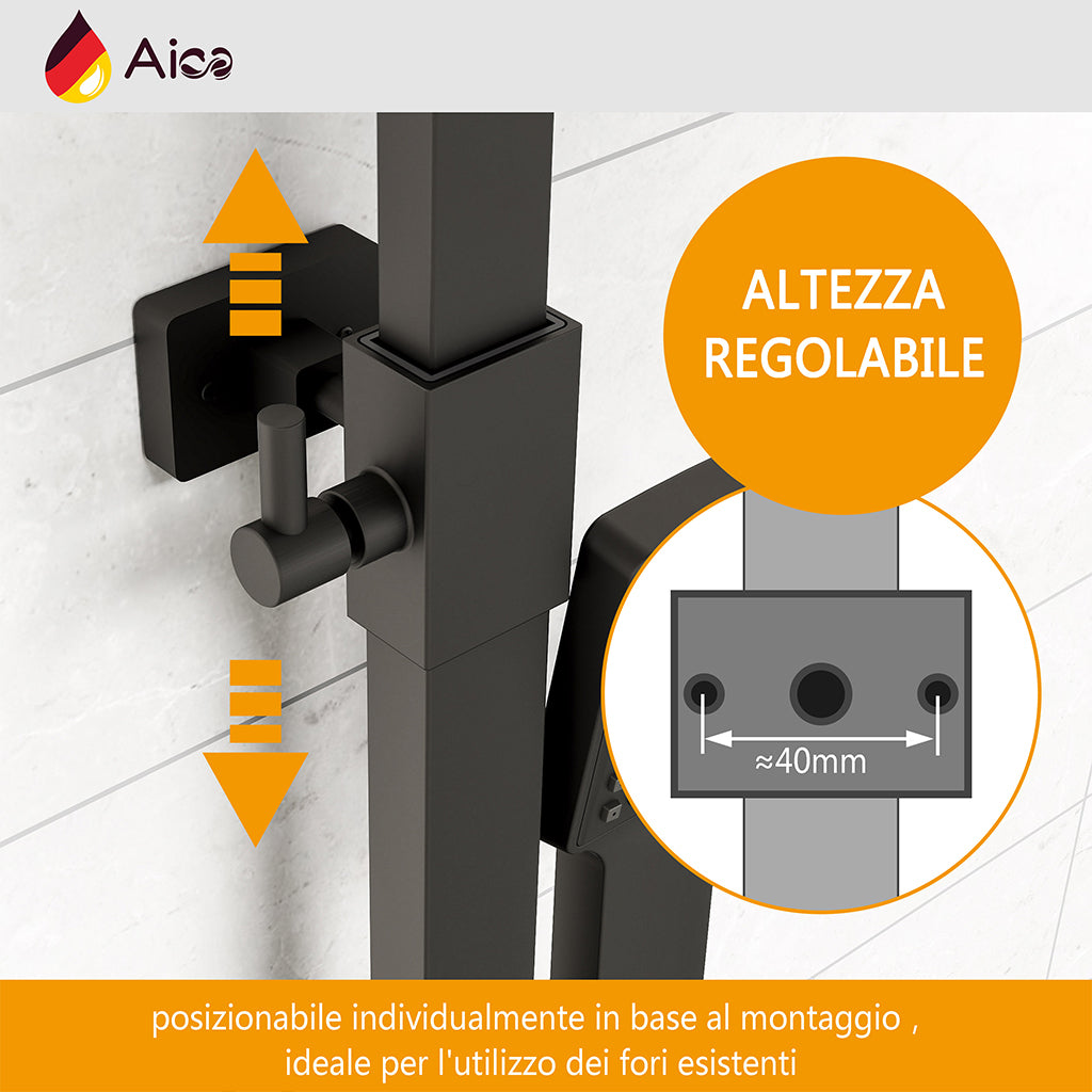 Colonna doccia con miscelatore termostatico, saliscendi doccia quadrato regolabile 73-115cm, nero