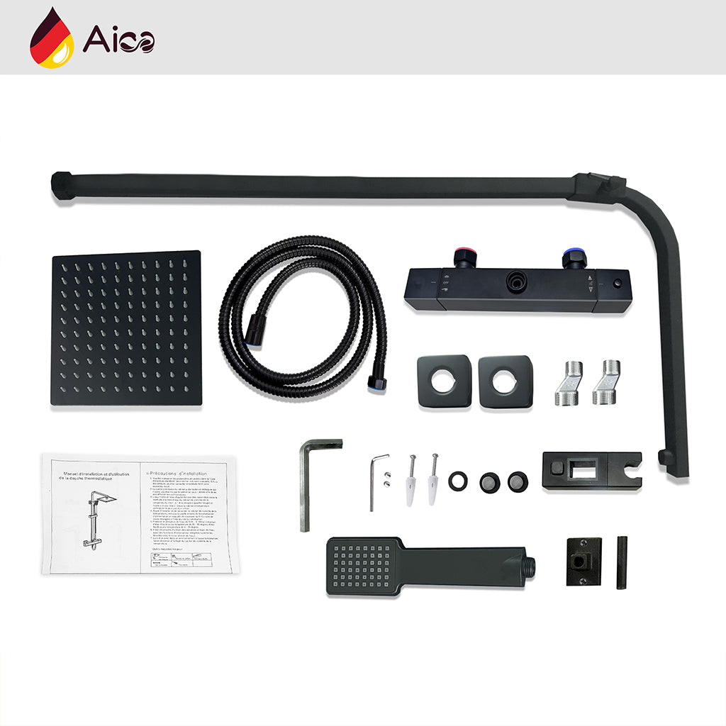 Colonna doccia con miscelatore termostatico, saliscendi doccia quadrato regolabile 73-115cm, nero