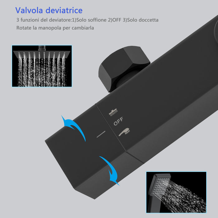 Miscelatore doccia termostatico con manopola in lega di zinco,colonna doccia soffione acciaio inox, nero