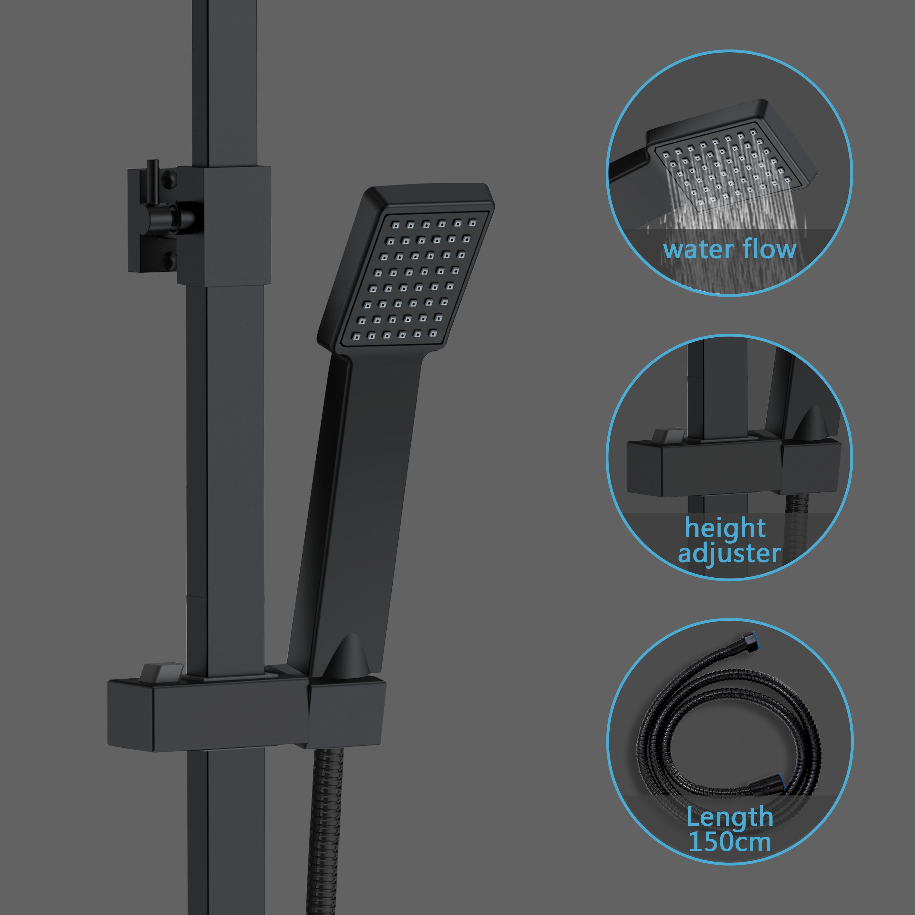 Colonna doccia termostatica, Aica ITALY soffione doccia 20*20CM, regolabile in altezza 75-115cm, set doccia con miscelatore, nero