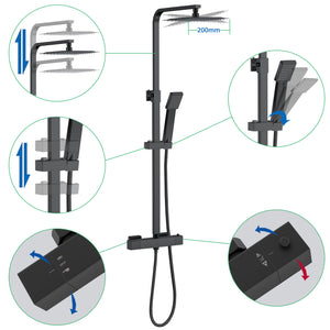 AICA ITALY Sistema Doccia con Miscelatore Termostatico a 38℃ e Soffione Quadrato Altezza Regolabile 73-115cm Nero