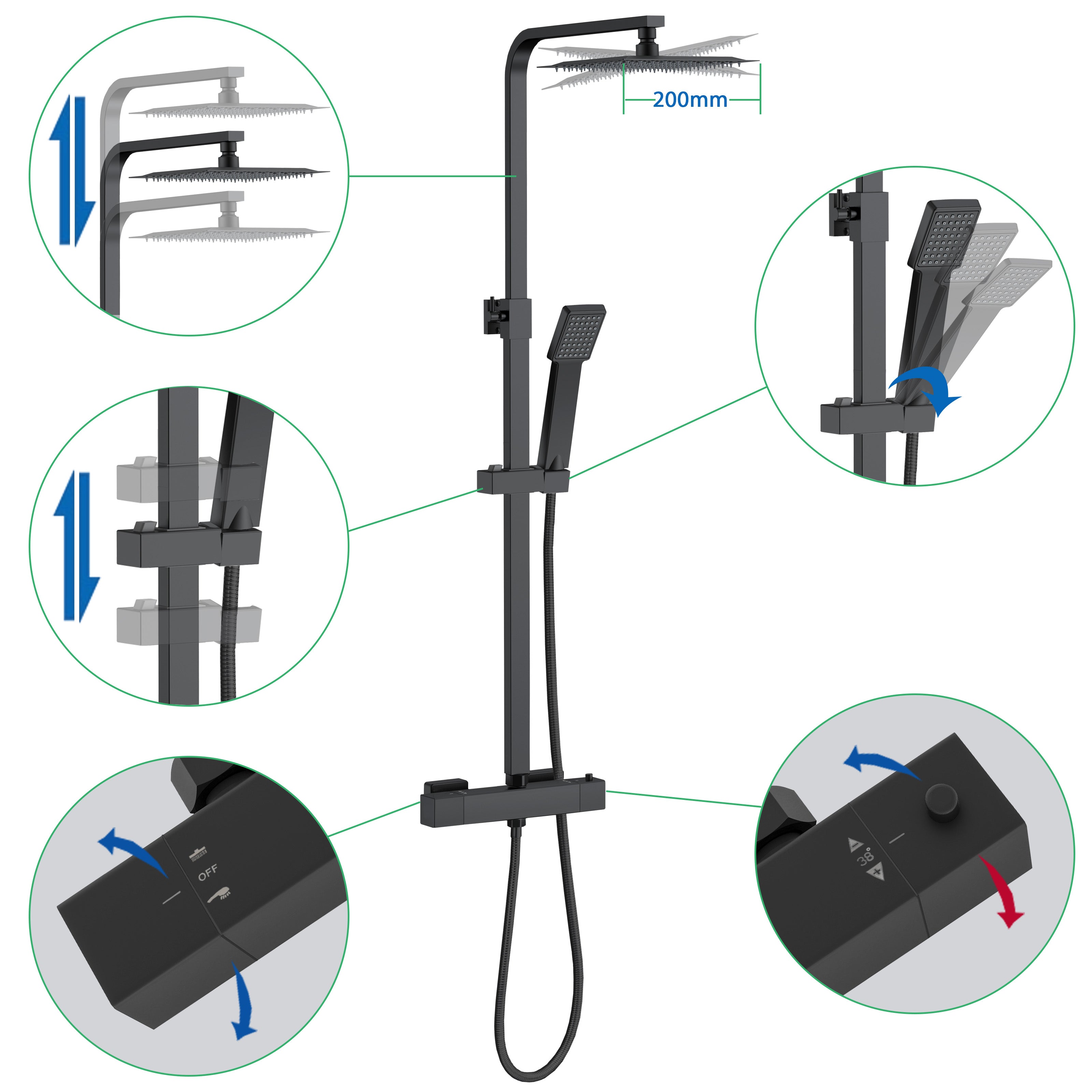 AICA Set Doccia Completo Nero con Soffione, Doccetta, Rubinetto e Saliscendi Quadrati, Miscelatore Termostatico Doccia