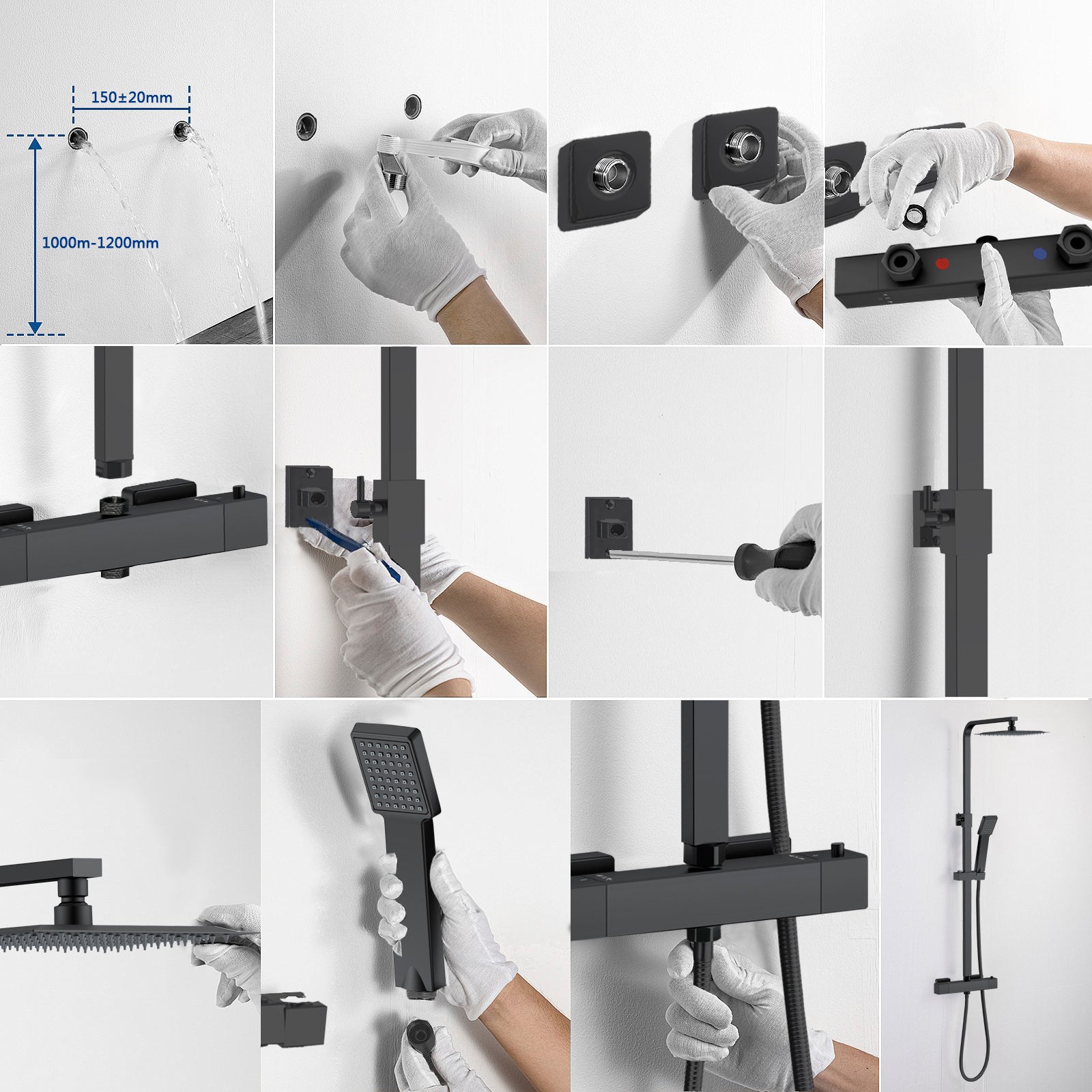 AICAIT Colonna doccia quadrata con soffione quadrato 20x20cm in acciaio inox nero, sistema doccia a 38℃ antiscottature