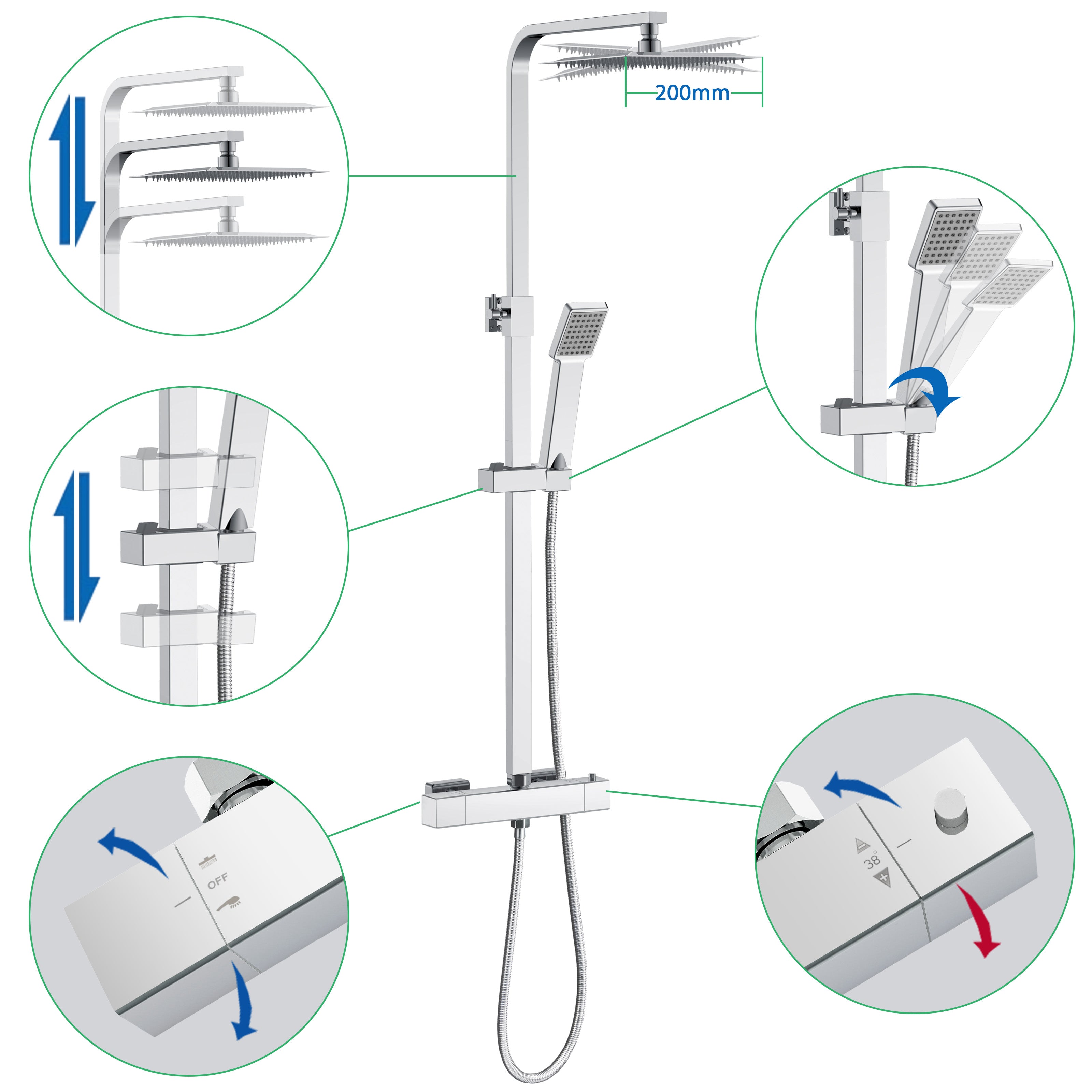 AICA ITALY Sistema Doccia con Miscelatore Termostatico a 38℃ e Soffione Quadrato Altezza Regolabile 73-115cm Cromo