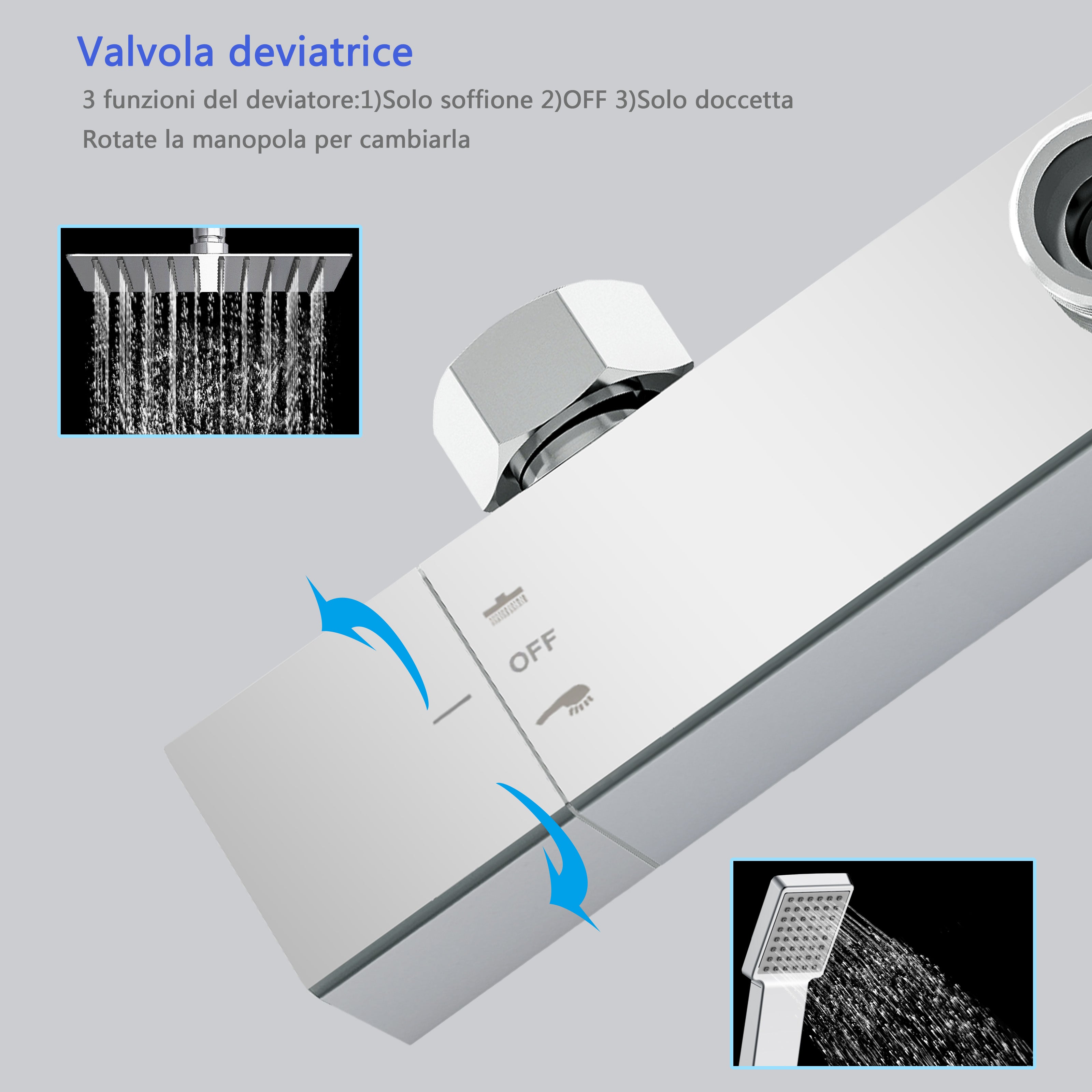 Miscelatore doccia termostatico con manopola in lega di zinco,colonna doccia soffione acciaio inox, cromato