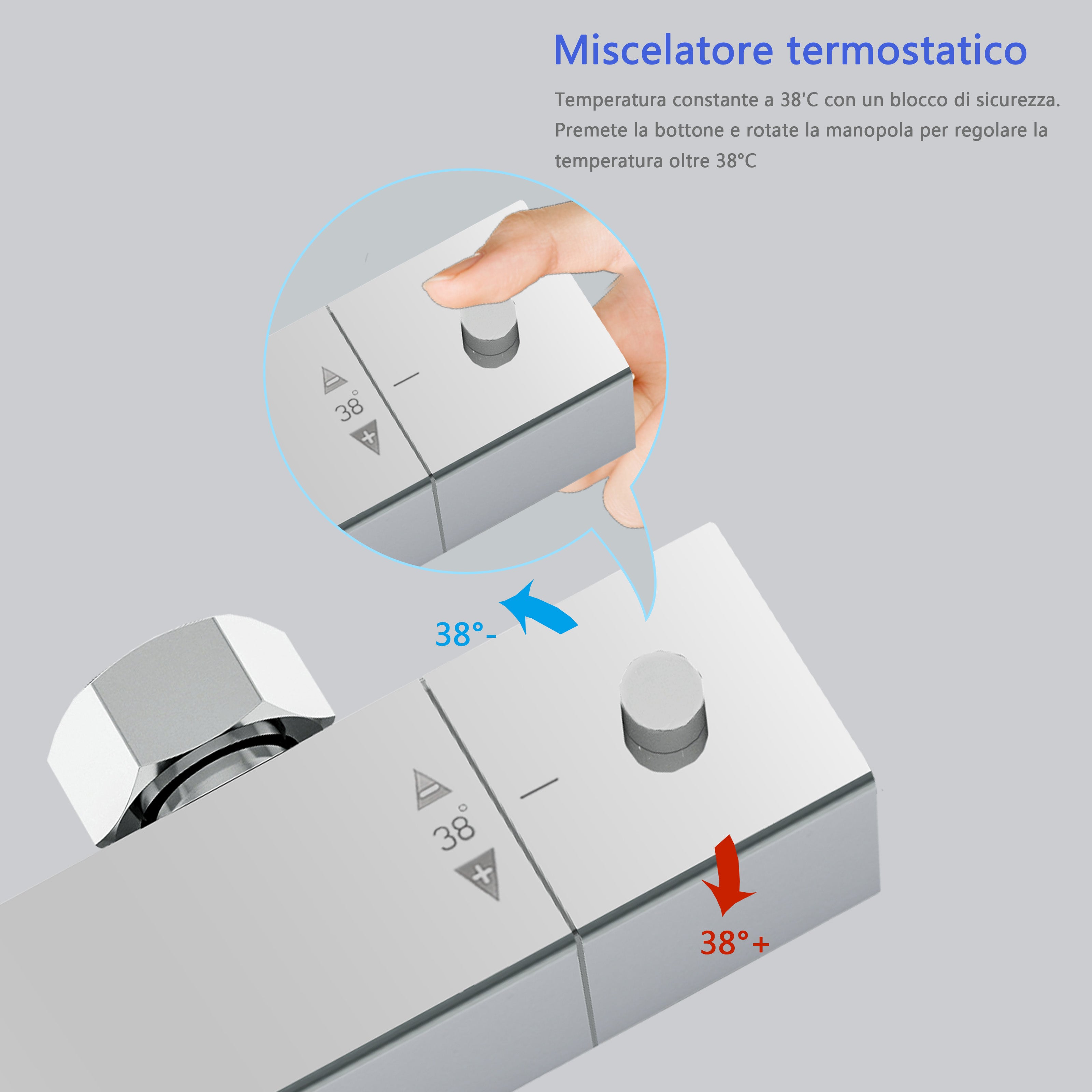 Miscelatore doccia termostatico con manopola in lega di zinco,colonna doccia soffione acciaio inox, cromato