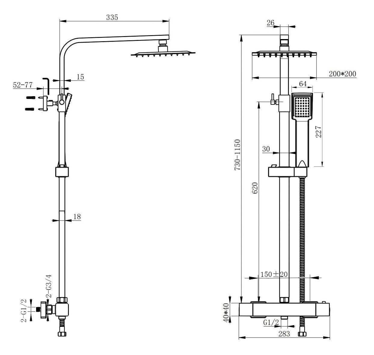 Colonna doccia termostatica, Aica ITALY soffione doccia 20*20CM, regolabile in altezza 75-115cm, set doccia con miscelatore, nero