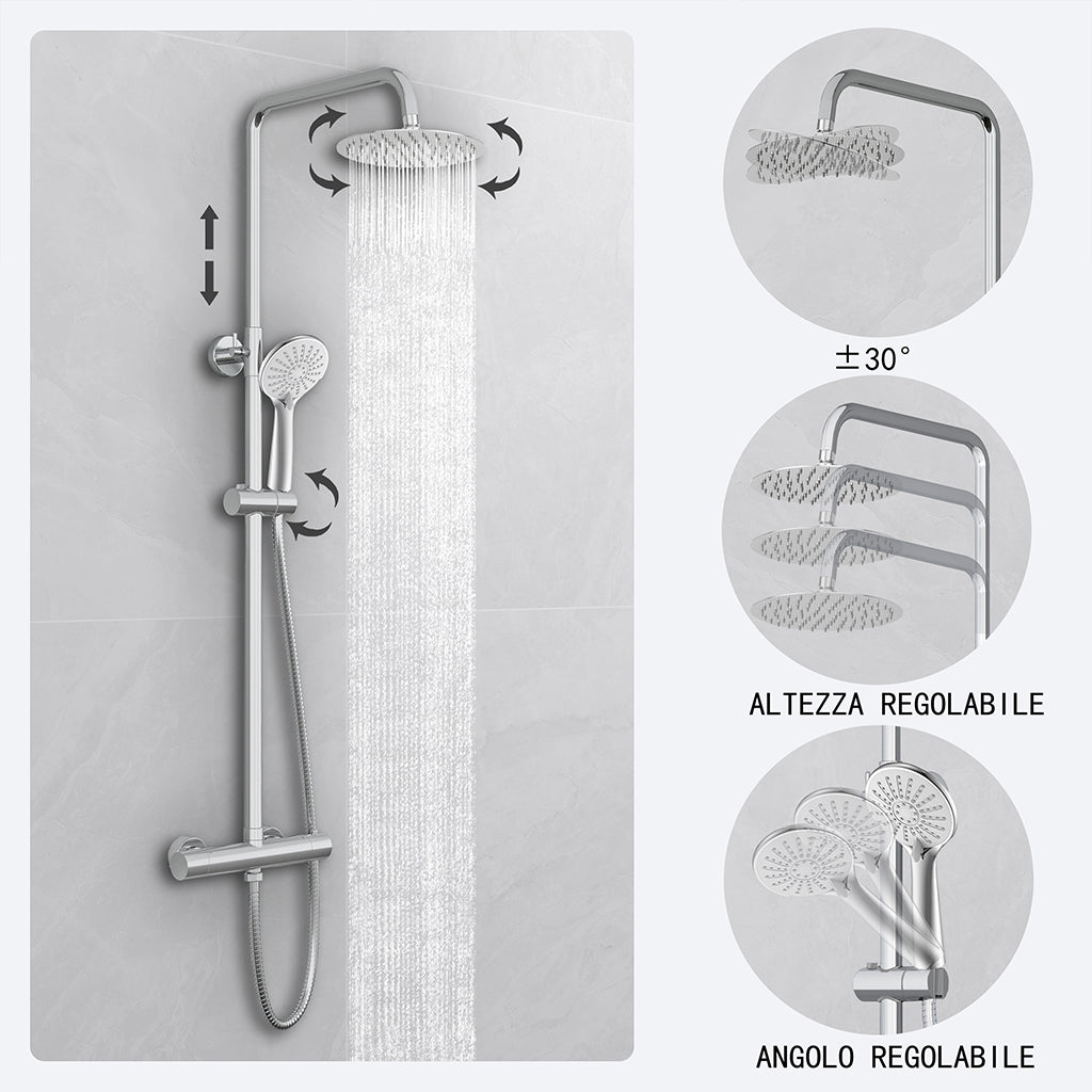 Kit doccia con miscelatore termostatico, soffione rotondo da 20cm, doccetta tonda 23x10.8cm, colonna doccia regolabile 75-125cm, cromo