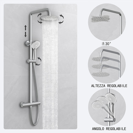Kit doccia con miscelatore termostatico, soffione rotondo da 20cm, doccetta tonda 23x10.8cm, colonna doccia regolabile 75-125cm, cromo