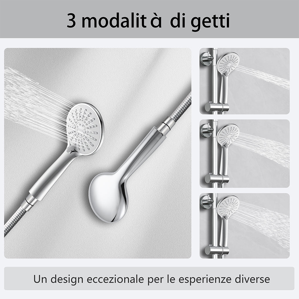 Kit doccia con miscelatore termostatico, soffione rotondo da 20cm, doccetta tonda 23x10.8cm, colonna doccia regolabile 75-125cm, cromo