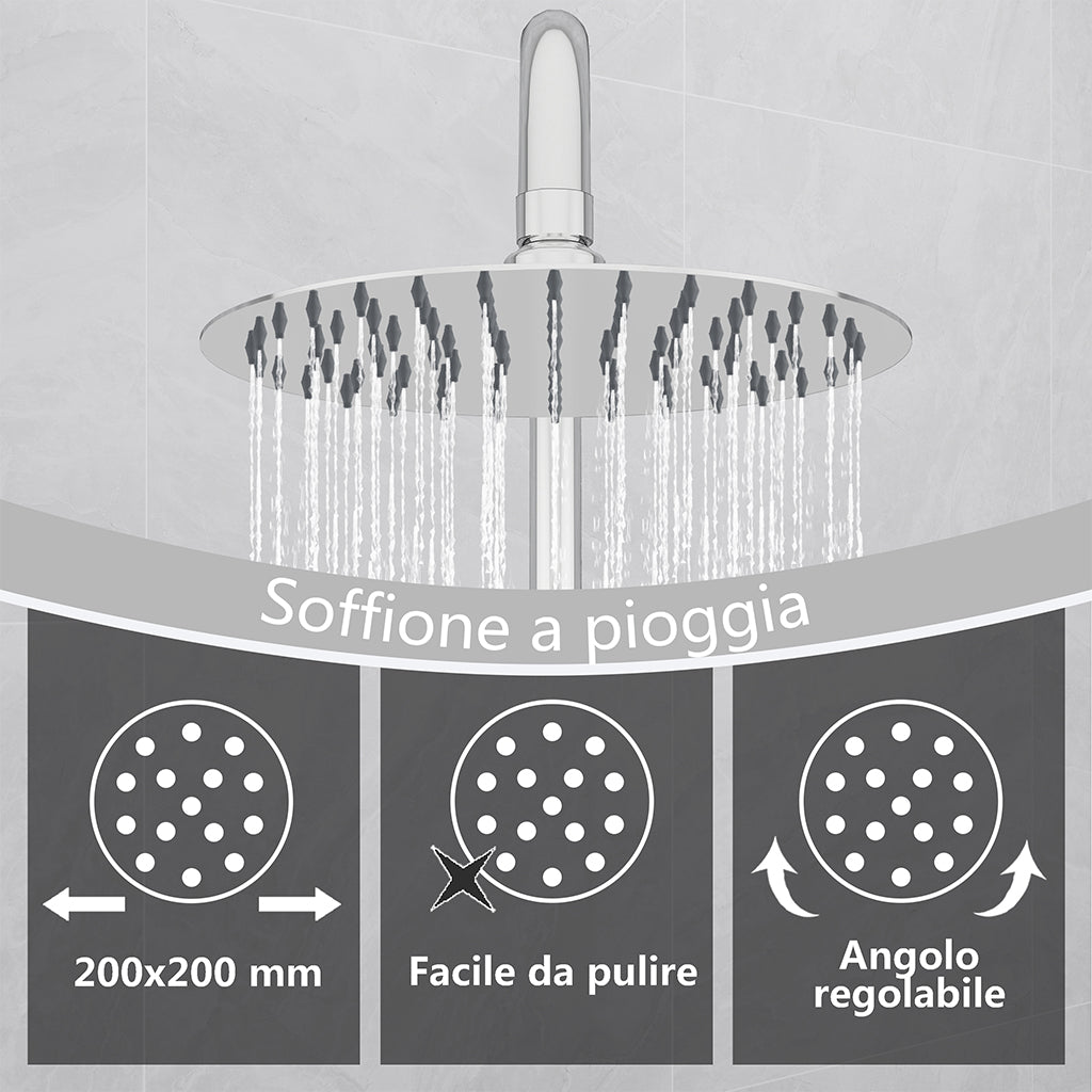 Kit doccia con miscelatore termostatico, soffione rotondo da 20cm, doccetta tonda 23x10.8cm, colonna doccia regolabile 75-125cm, cromo