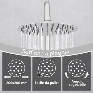 Kit doccia con miscelatore termostatico, soffione rotondo da 20cm, doccetta tonda 23x10.8cm, colonna doccia regolabile 75-125cm, cromo