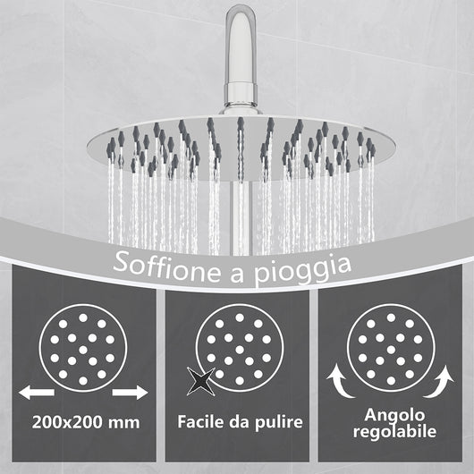 Kit doccia con miscelatore termostatico, soffione rotondo da 20cm, doccetta tonda 23x10.8cm, colonna doccia regolabile 75-125cm, cromo