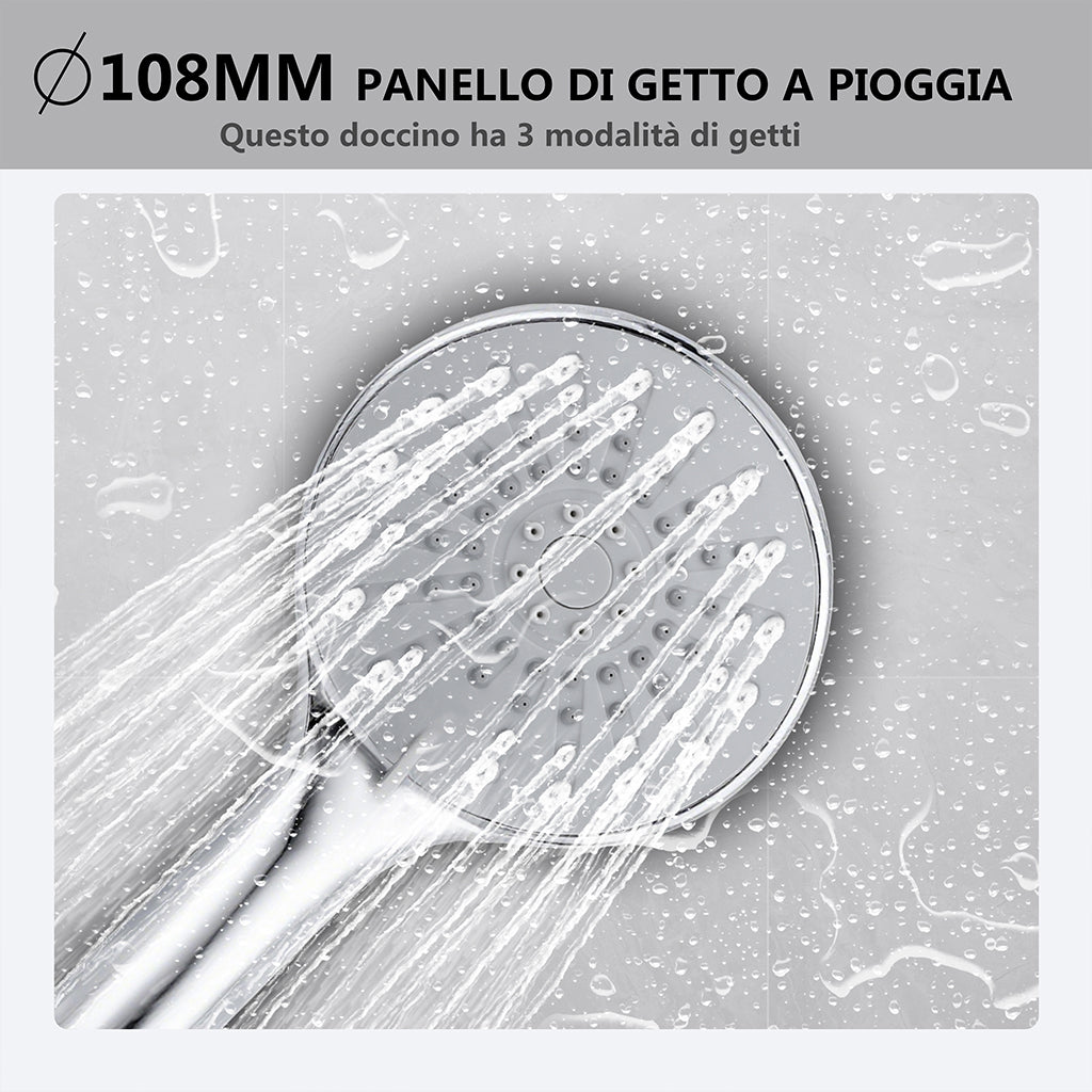 Kit doccia con miscelatore termostatico, soffione rotondo da 20cm, doccetta tonda 23x10.8cm, colonna doccia regolabile 75-125cm, cromo