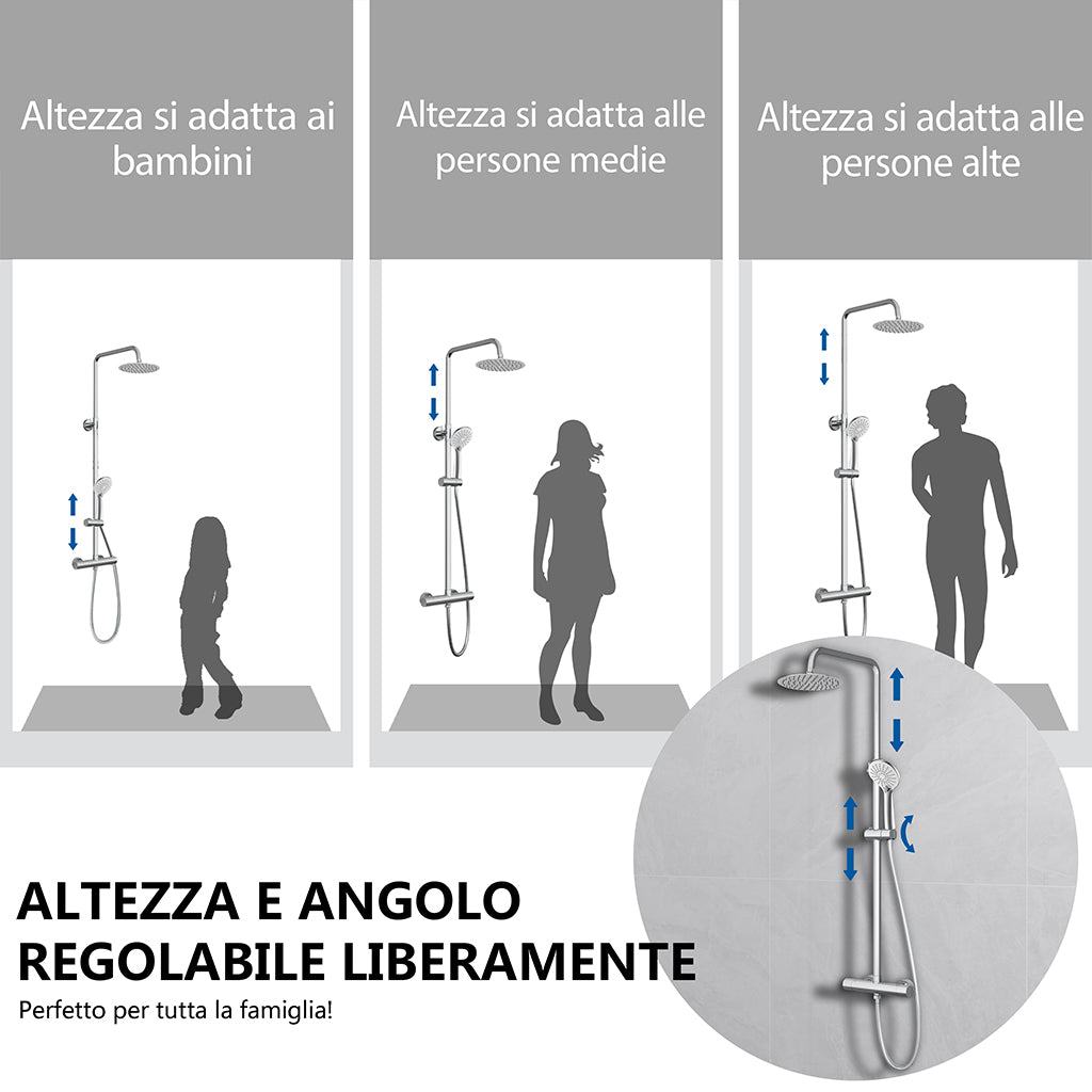 Kit doccia con miscelatore termostatico, soffione rotondo da 20cm, doccetta tonda 23x10.8cm, colonna doccia regolabile 75-125cm, cromo