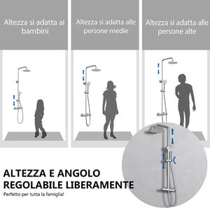Kit doccia con miscelatore termostatico, soffione rotondo da 20cm, doccetta tonda 23x10.8cm, colonna doccia regolabile 75-125cm, cromo