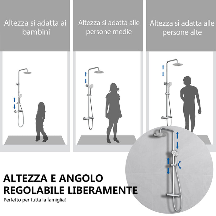 Kit doccia con miscelatore termostatico, soffione rotondo da 20cm, doccetta tonda 23x10.8cm, colonna doccia regolabile 75-125cm, cromo